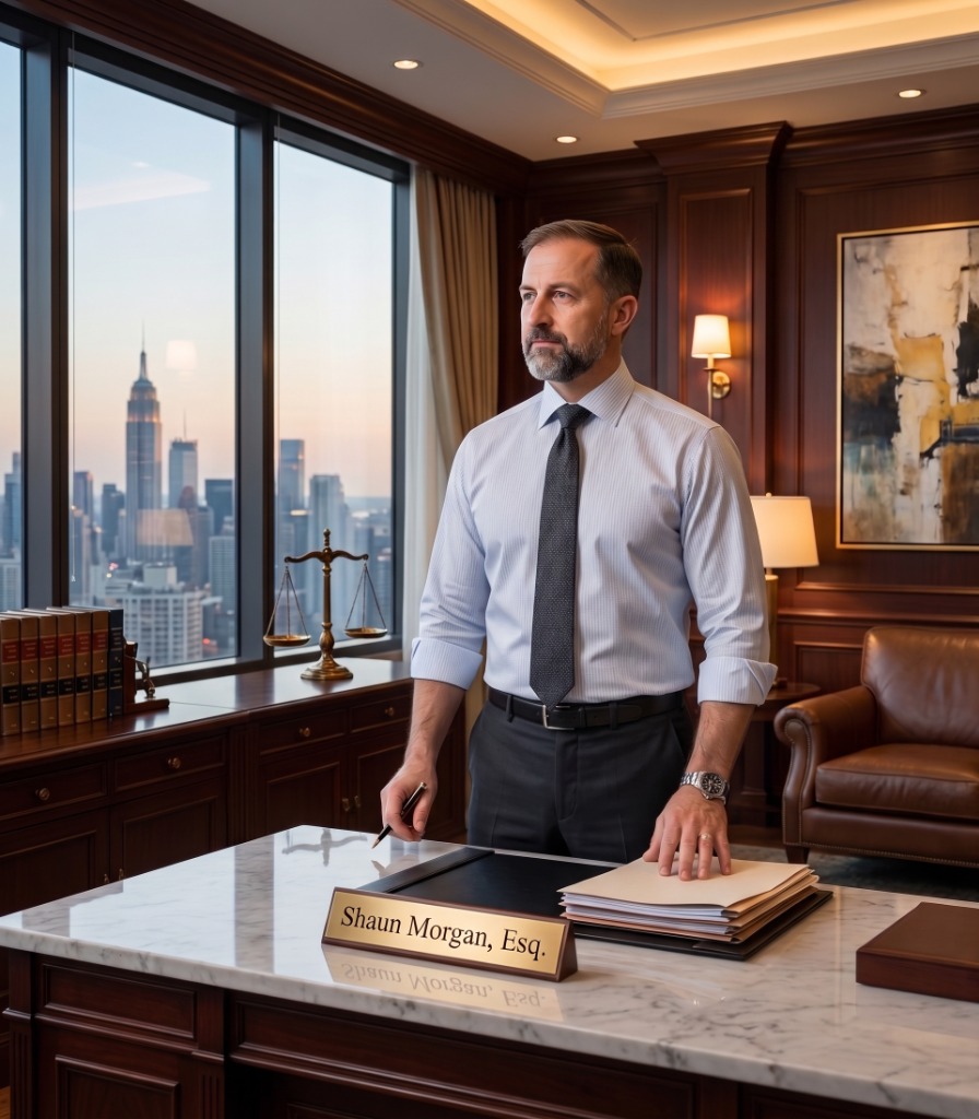 Shaun Gregory Morgan — Corporate Lawyer in Dubai, standing at his office desk, Shaun Morgan Esq nameplate