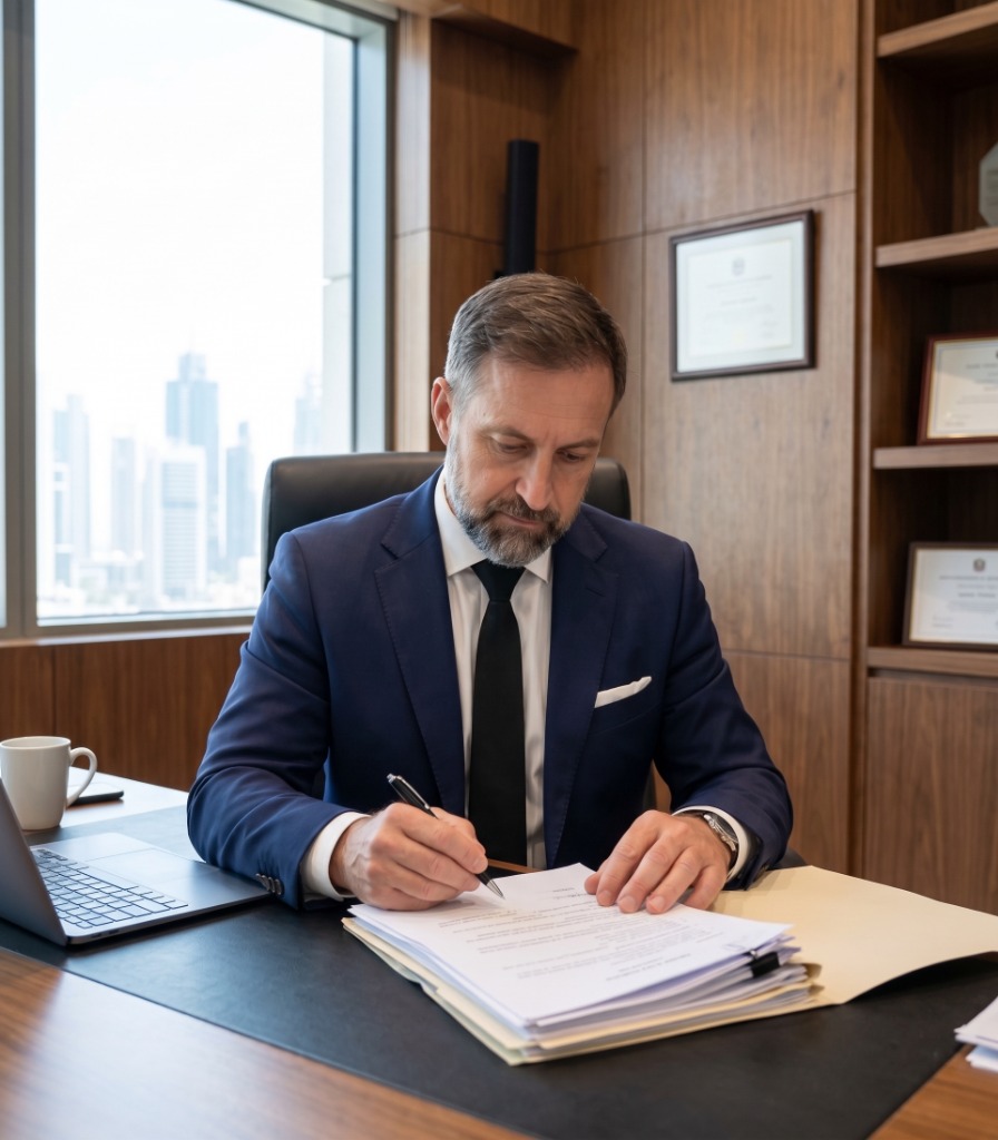Shaun Gregory Morgan reviewing legal documents at his desk, Dubai